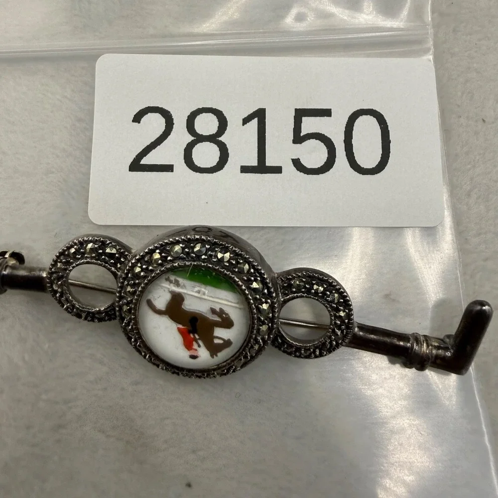 Vintage Sterling Silver Brooch Marcasite Equestrian Hunt Bar